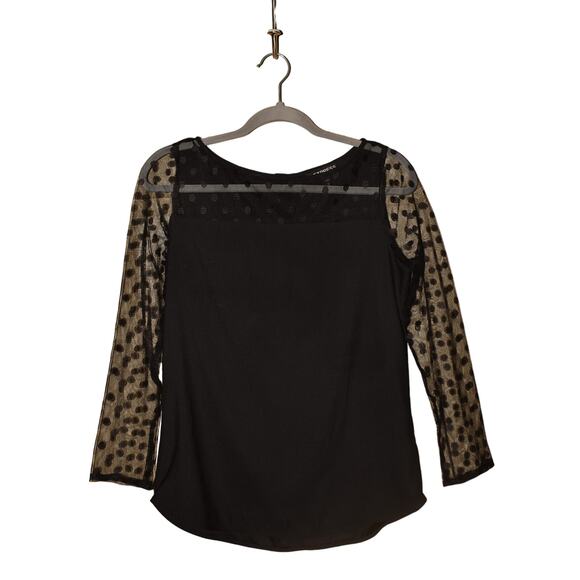 EXPRESS $68 Black Woven Button-Back Top Sheer‎ Mesh Polka Dot Sleeves & Yoke XS - Picture 1 of 3